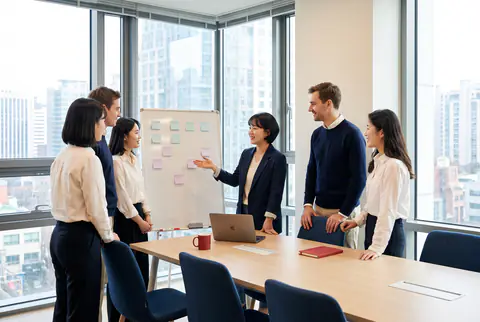 Korean and international colleagues planning together in a Seoul office